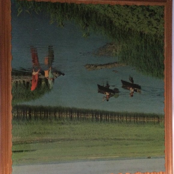 Solid Wood framed landscape print on board wall hanging grassland river boating - Picture 10 of 10